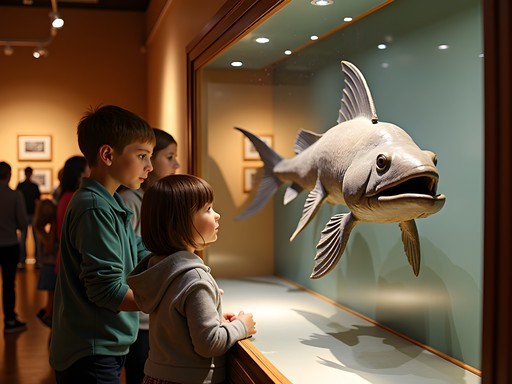 Famous coelacanth specimen display at East London Museum with children observing