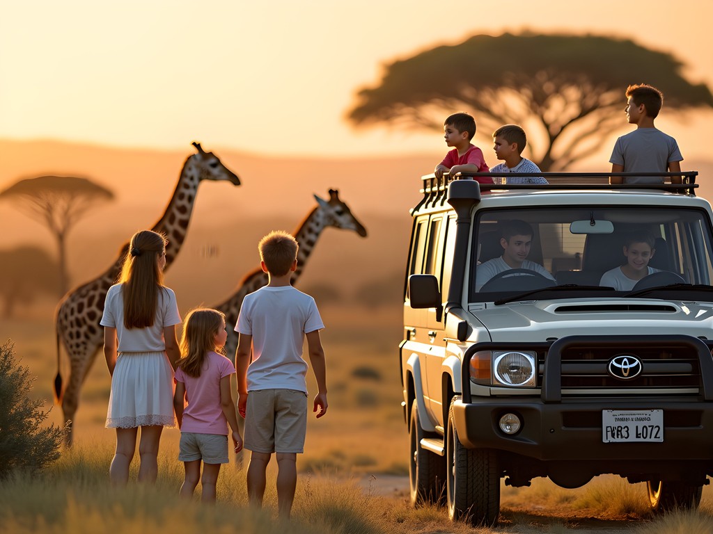 Family observing giraffes at close range at Inkwenkwezi Private Game Reserve near East London