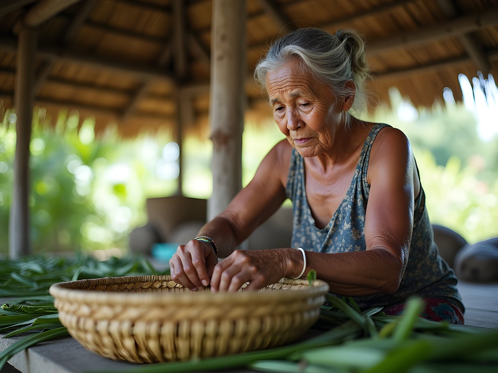 Local Marshallese woman teaching traditional pandanus leaf weaving