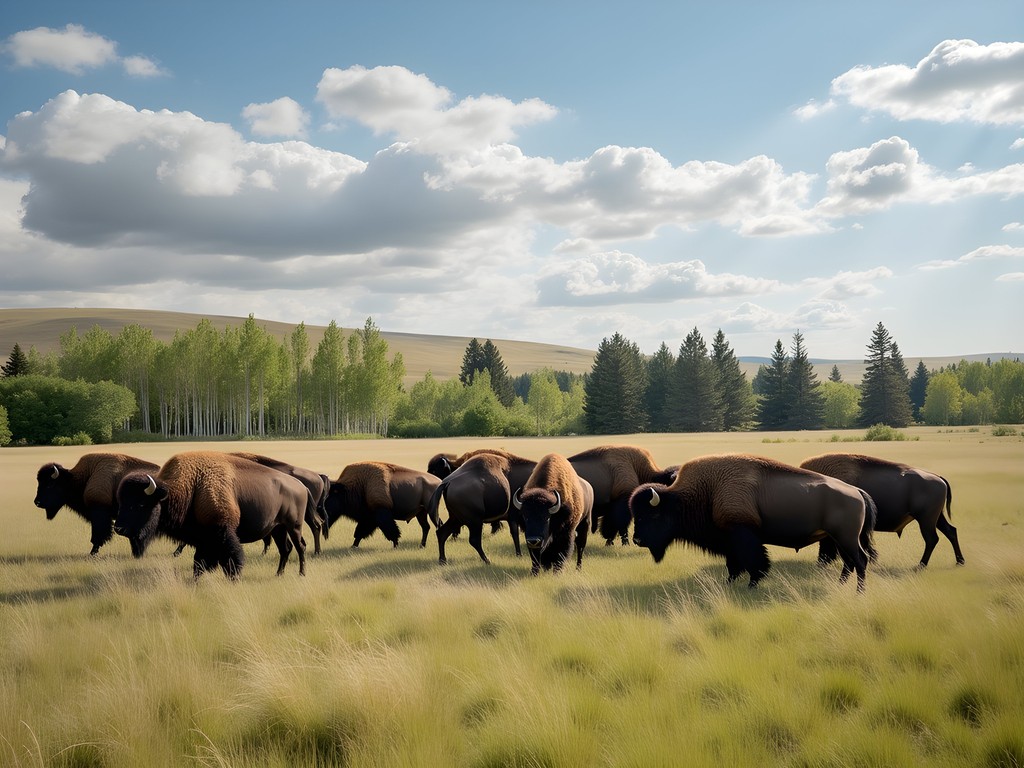 Wood bison herd grazing in Elk Island National Park near Edmonton