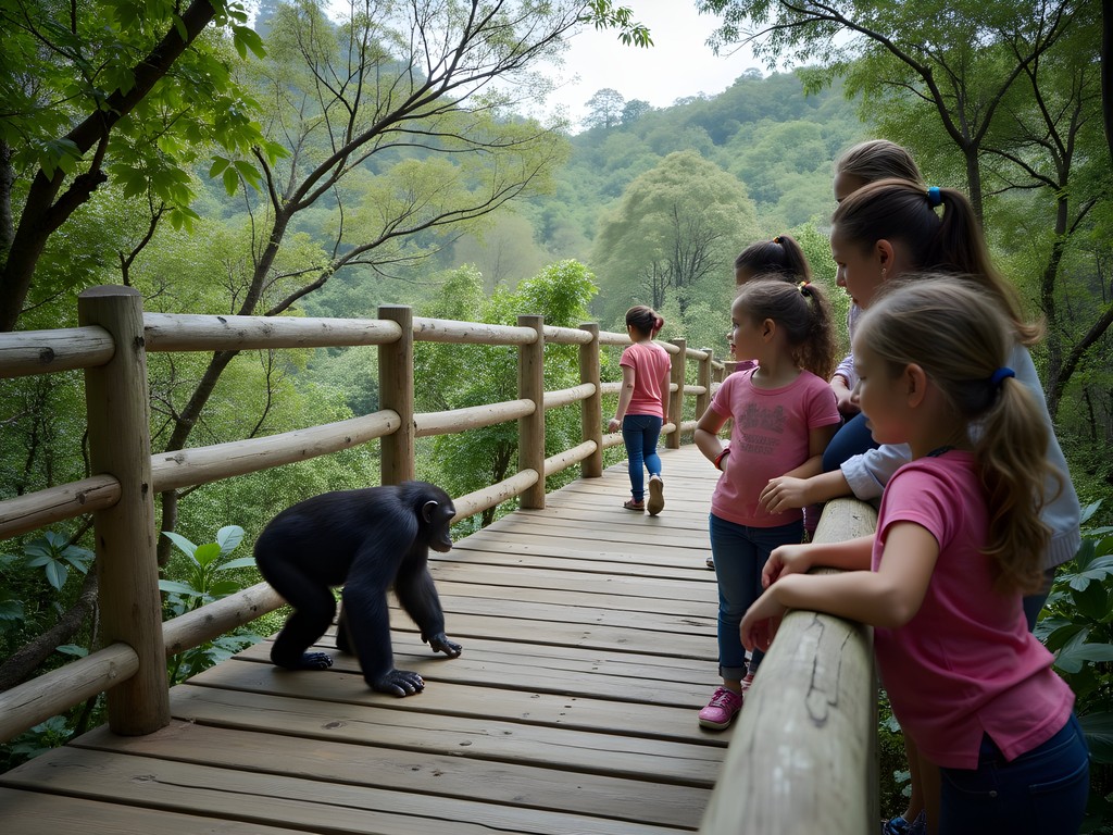 Family observing rescued chimpanzees at Ngamba Island Sanctuary