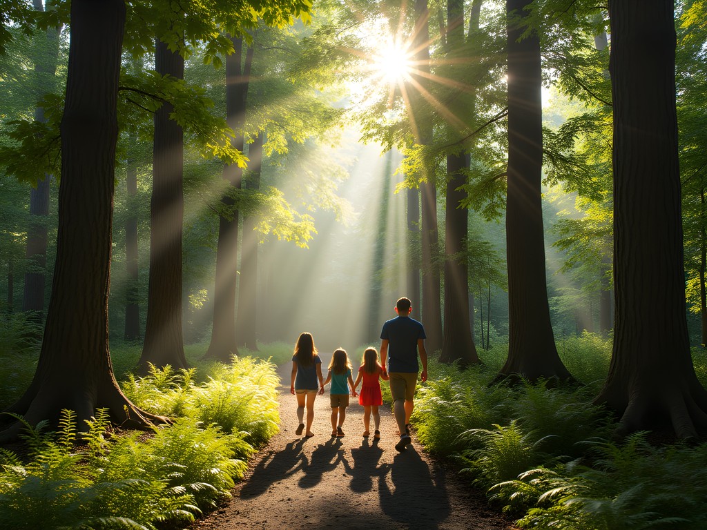 Family hiking through old growth forest at Wesselman Woods Nature Preserve Evansville