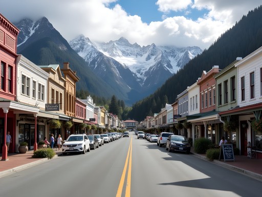 Franz Josef village township with shops and Southern Alps mountain backdrop