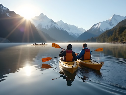 Family kayaking on Lake Mapourika with mountain reflections and native forest
