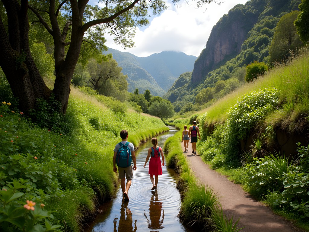 Family hiking along scenic levada trail surrounded by Madeira's lush vegetation