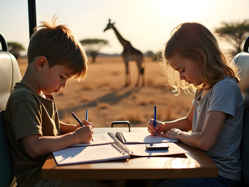 Children sketching wildlife in nature journals during safari