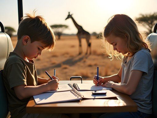 Children sketching wildlife in nature journals during safari