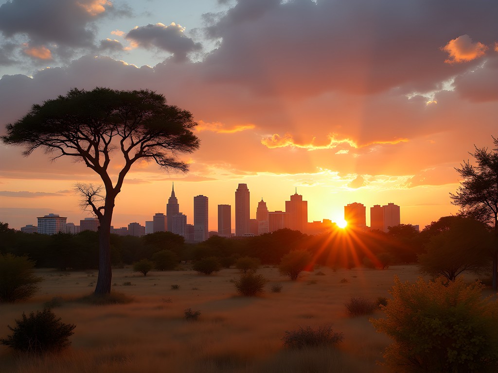 Gaborone city skyline at sunset with acacia trees in foreground