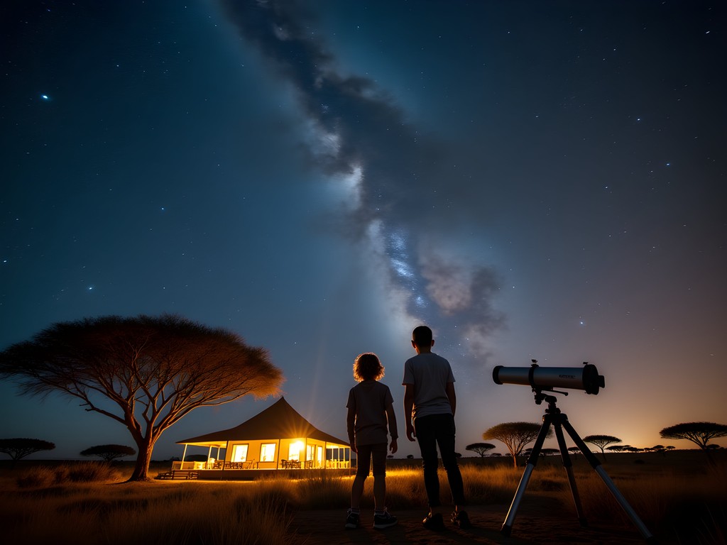 Family stargazing in the Kalahari Desert with telescope