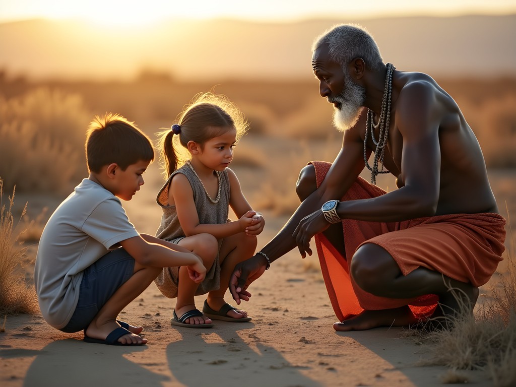 San elder demonstrating traditional skills to visiting children