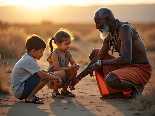 San elder demonstrating traditional skills to visiting children