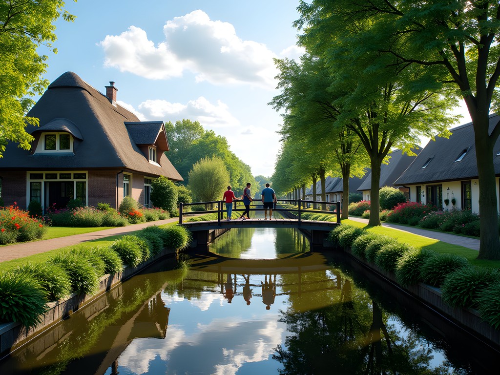 Family arriving at Giethoorn's main canal with footbridge and thatched cottages
