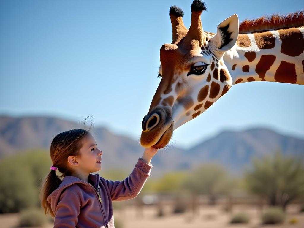 Young girl feeding giraffe at Wildlife World Zoo in Glendale Arizona