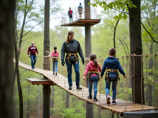 Family enjoying the SKYWILD aerial adventure course at Greensboro Science Center