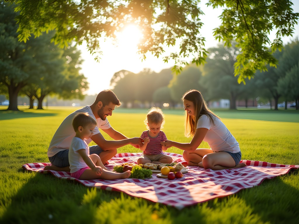 Family enjoying picnic with local foods at Libs Park in Hastings