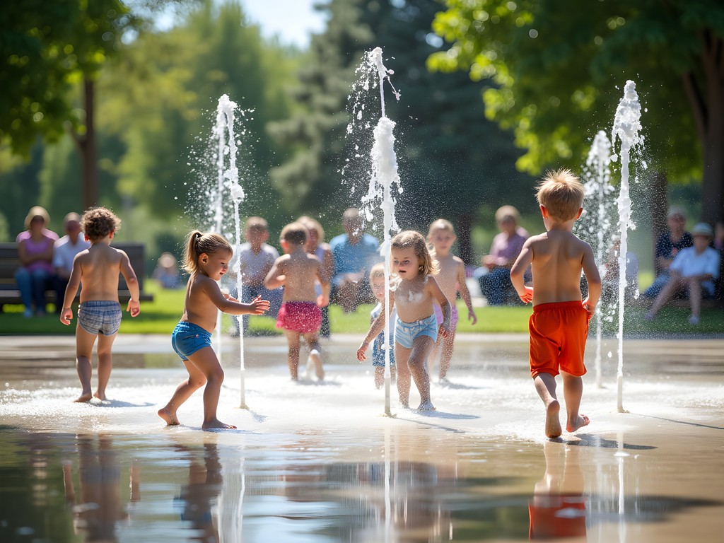 Children playing at Heartwell Park splash pad with water features