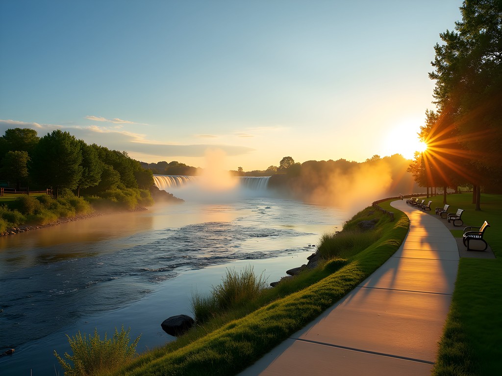 Sunrise view of Idaho Falls River Walk with mist rising from Snake River