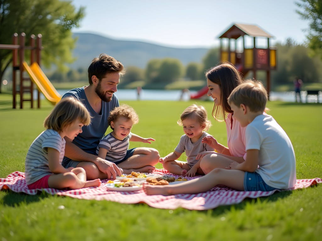 Family enjoying picnic at Snake River Landing park with playground visible in background