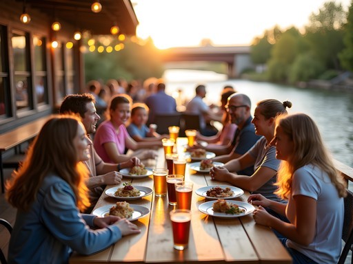 Family dining on riverside patio at Snow Eagle Brewing with Snake River view