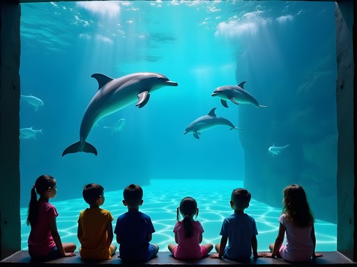 Children watching dolphins through the underwater viewing area at Indianapolis Zoo