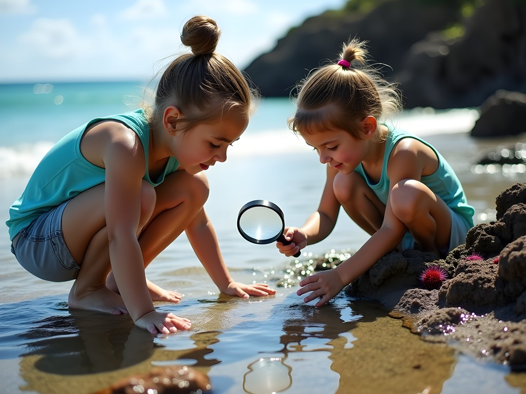 Children exploring tide pools at Lanikai Beach with magnifying tools