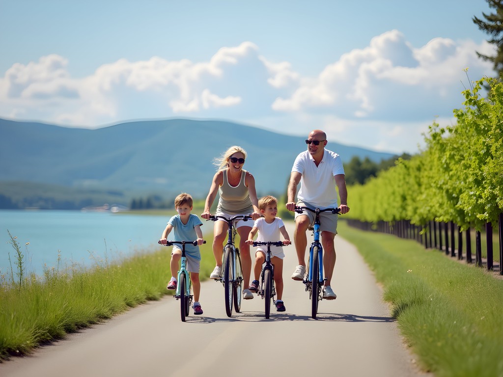 Family cycling on the Lake Balaton Bicycle Ring with vineyard views