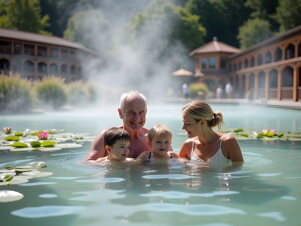Multigenerational family enjoying Hévíz thermal lake near Lake Balaton