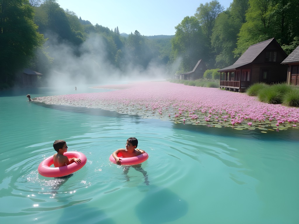 Children floating among water lilies in the thermal waters of Lake Hévíz