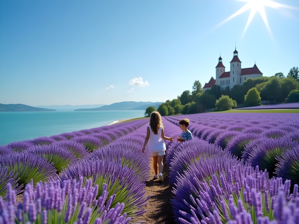 Children exploring lavender fields on Tihany Peninsula at Lake Balaton