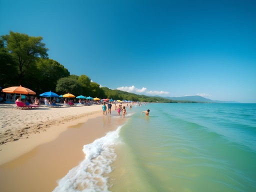 Families enjoying the shallow waters at Zamárdi beach on Lake Balaton