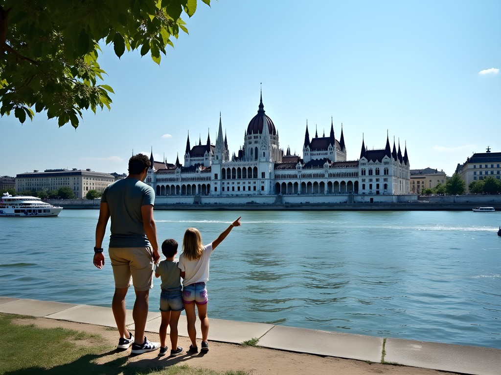 Family admiring Budapest Parliament building from across the Danube