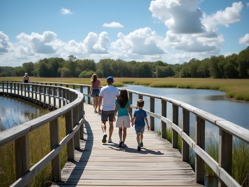 Family exploring boardwalk through Humedales de Santa Lucía wetlands near Las Piedras