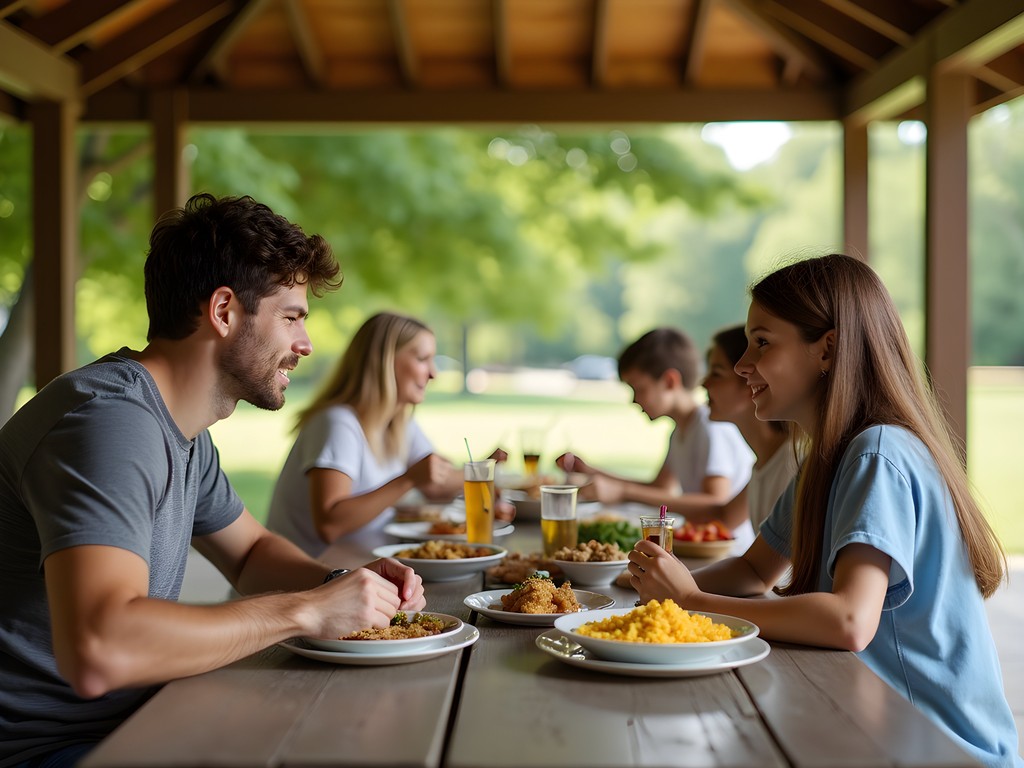 Family enjoying picnic at covered pavilion in Lenexa Kansas park