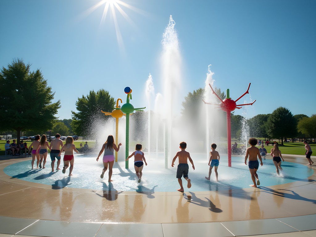 Children playing in colorful splash pad at Sar-Ko-Par Trails Park in Lenexa Kansas