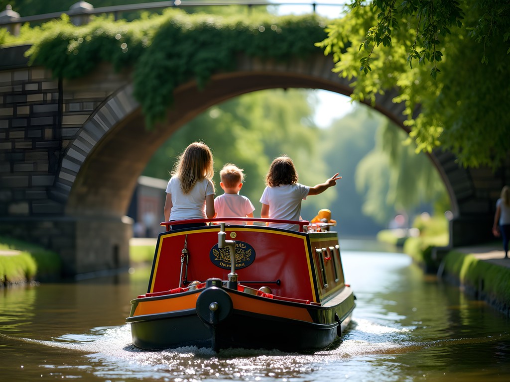 Family enjoying narrowboat ride on London canal from Little Venice to Camden
