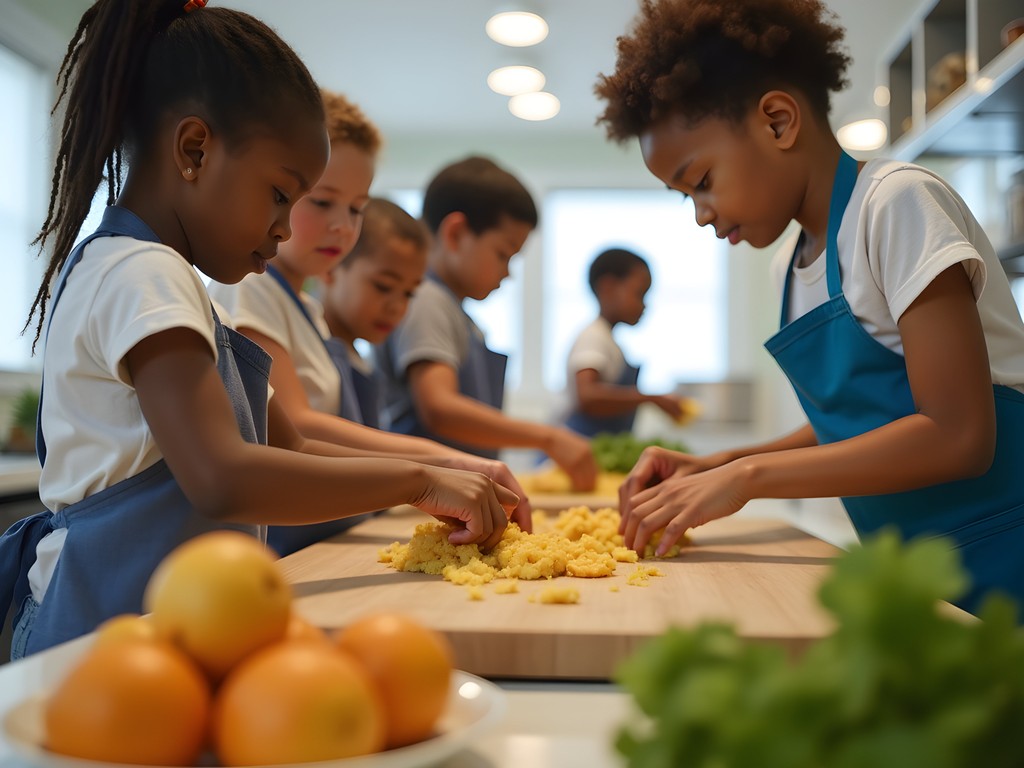 Children learning to make traditional Bahamian dishes at Pelican Bay Culinary School