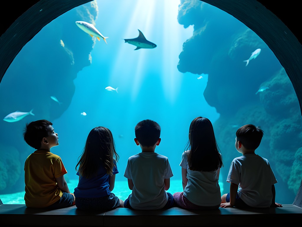 Children observing marine life in Manila Ocean Park's underwater tunnel