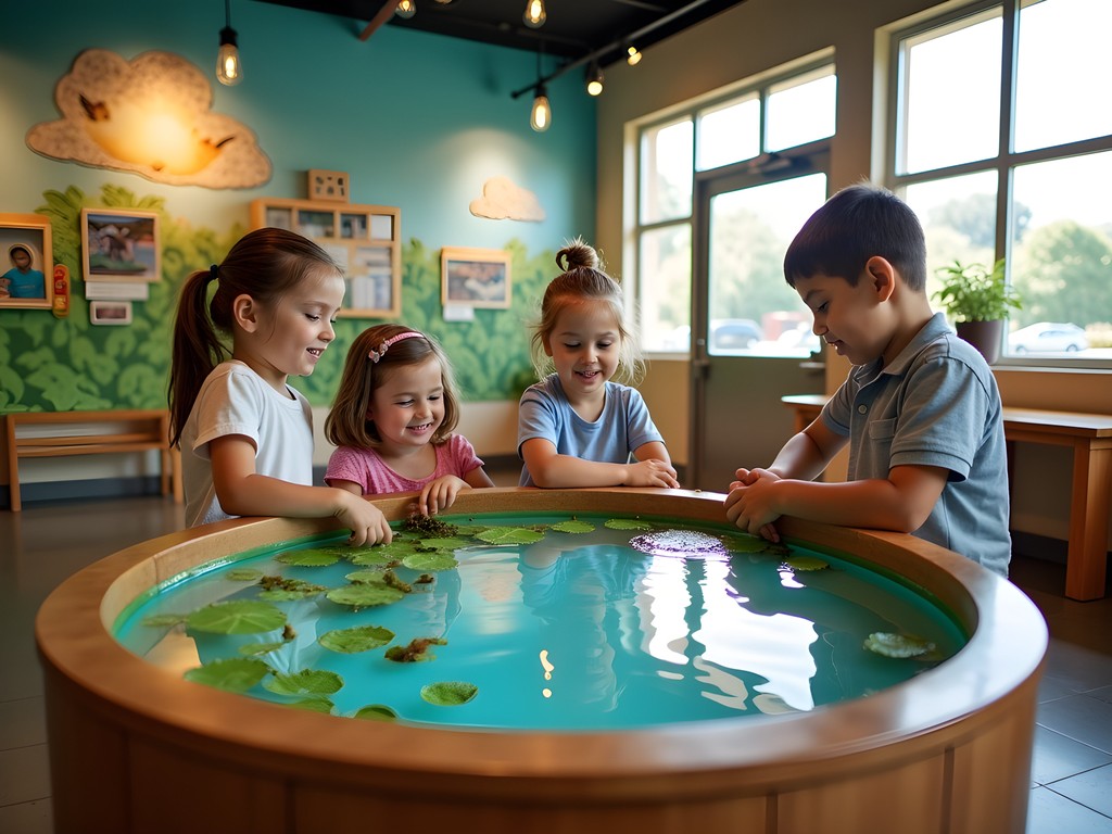 Interactive wetland exhibit at Mississippi Children's Museum Meridian with children learning about ecosystems