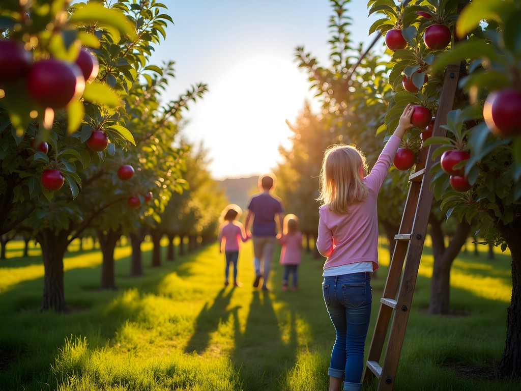 Children picking apples in New England orchard during fall harvest season