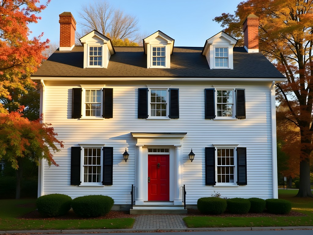 Historic New England colonial building with white clapboard siding surrounded by fall foliage
