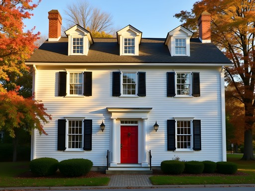 Historic New England colonial building with white clapboard siding surrounded by fall foliage