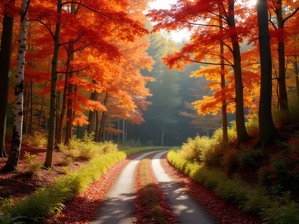 Vibrant fall foliage along woodland trail at Horse Hill Nature Preserve in Merrimack New Hampshire