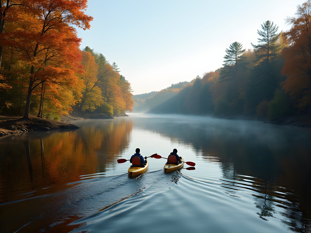 Kayakers paddling on calm Merrimack River surrounded by autumn foliage in New Hampshire