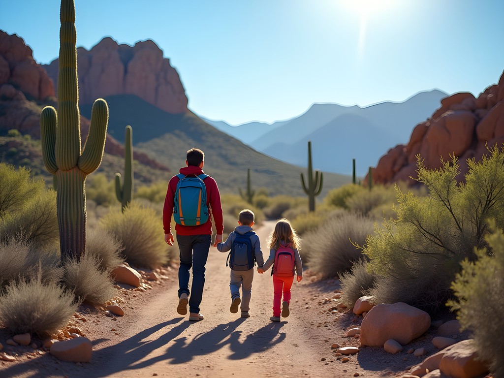 Family hiking on Wind Cave Trail in Usery Mountain Regional Park, Mesa Arizona