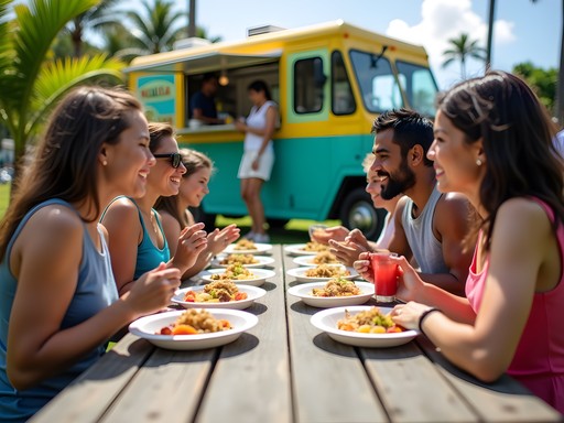 Family eating plate lunch from local food truck in Mililani with outdoor seating