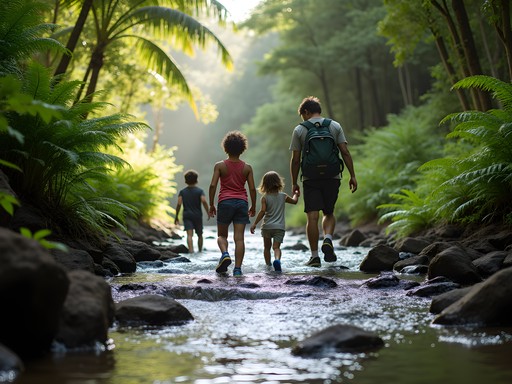 Family crossing stream on Waimano Trail with lush Hawaiian vegetation