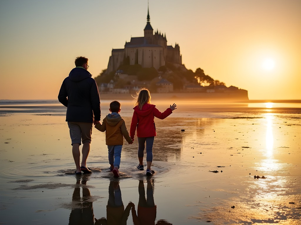 Family on guided bay walk exploring tidal flats around Mont-Saint-Michel