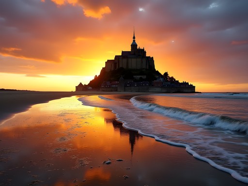 Mont-Saint-Michel surrounded by advancing tide at sunset