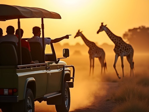 Family watching giraffes from safari vehicle during golden morning light at Murchison Falls