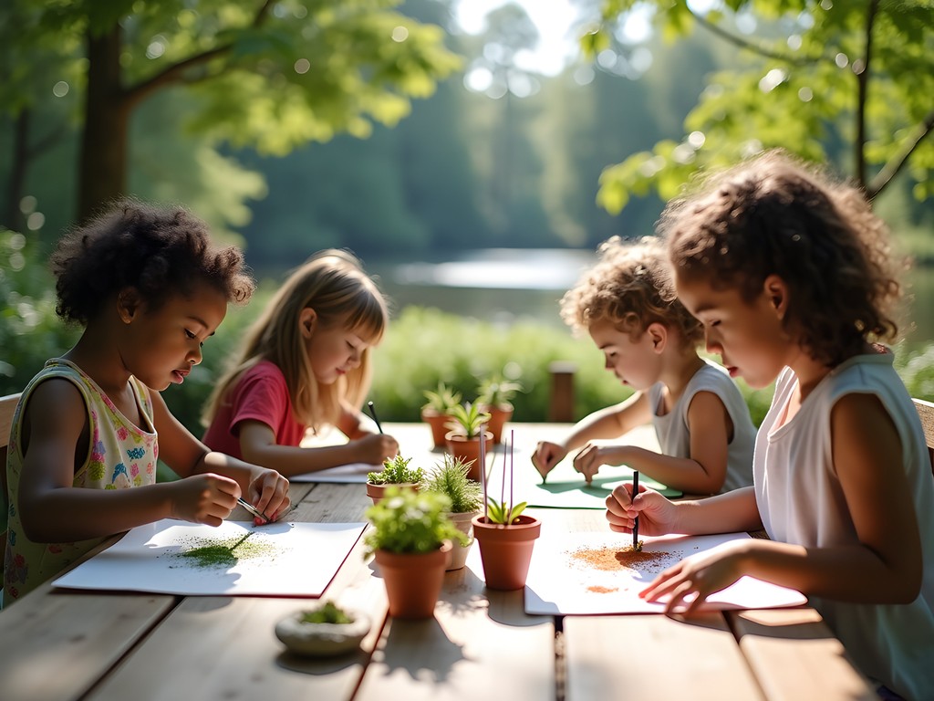 Family participating in weekend art project at Wave Hill gardens in the Bronx